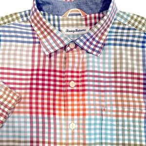 Tommy Bahama Plaid Short Sleeve Button‎ Up Shirt Men's Large Red Orange Casual